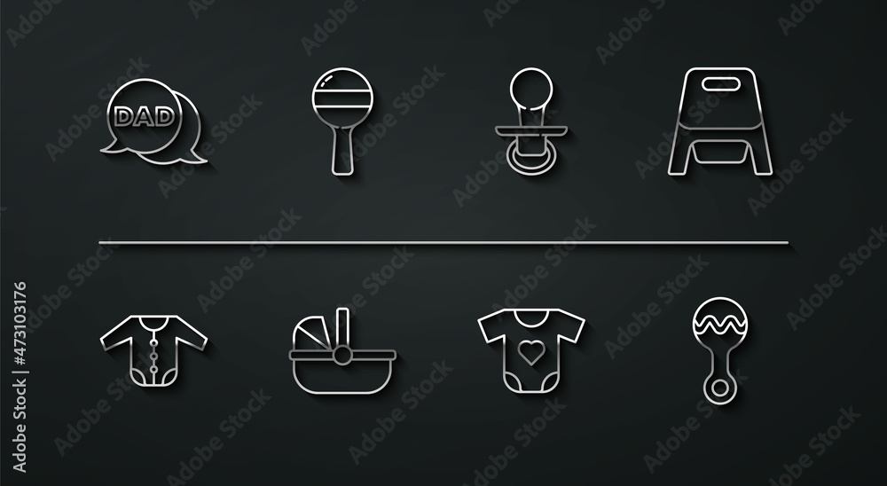 Set line Speech bubble dad, Baby clothes, potty, stroller, Rattle baby toy, and dummy pacifier icon. Vector Set line Speech bubble dad, Baby clothes, potty, stroller, Rattle baby toy, and dummy pacifier icon. Vector