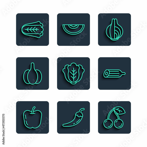 Set line Apple, Hot chili pepper pod, Cherry, Onion, Cabbage, Garlic, and Fresh cucumber icon. Vector