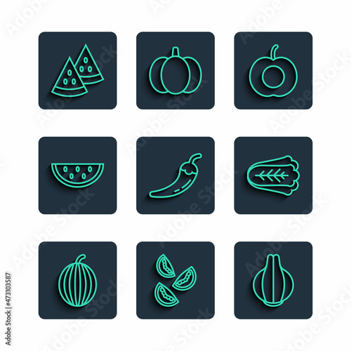 Set line Watermelon, Tomato, Onion, Peach fruit, Hot chili pepper pod, and Cabbage icon. Vector