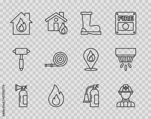 Set line Fire extinguisher, Firefighter, boots, flame, burning house, hose reel, and Smoke alarm system icon. Vector