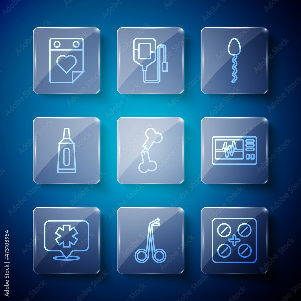 Set line Medical symbol of the Emergency, scissors, Pills in blister pack, Sperm, Human broken bone, Ointment cream tube medicine, Doctor appointment and Monitor with cardiogram icon. Vector Set line Medical symbol of the Emergency, scissors, Pills in blister pack, Sperm, Human broken bone, Ointment cream tube medicine, Doctor appointment and Monitor with cardiogram icon. Vector