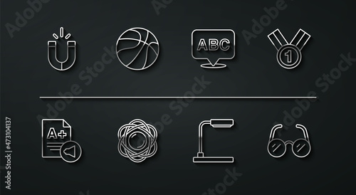 Set line Magnet, Exam sheet with A plus grade, Medal, Table lamp, Atom, Basketball ball, Glasses and Alphabet icon. Vector