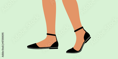 Shoe, boots, footwear. Woman, female, girls shoes. Classic shoes. Business woman style. Feet, legs walking in elegant closed toe low-heeled shoes pump. Colorful Isolated flat vector illustration 