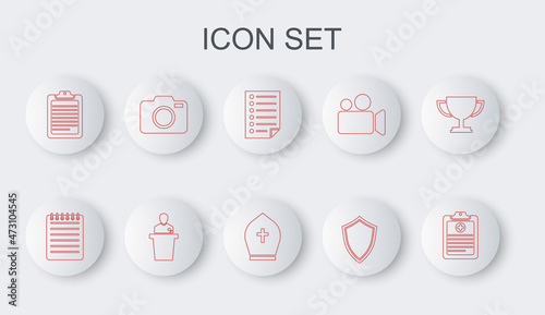 Set line Clinical record, Notebook, Document, Shield, Clipboard with document, Photo camera, Speaker and Pope hat icon. Vector