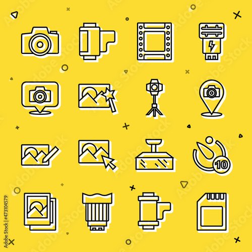 Set line SD card, Camera timer, Photo camera, roll cartridge, retouching, and Softbox light icon. Vector