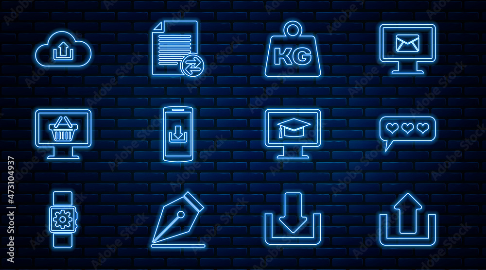 Naklejka premium Set line Upload, Like and heart, Weight, Smartphone with download, Monitor shopping basket, Cloud upload, graduation cap and Transfer files icon. Vector