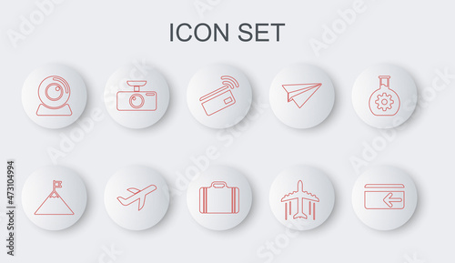 Set line Cash back, Mountains and flag, Contactless payment, Plane, Web camera, Car DVR, and Suitcase for travel icon. Vector
