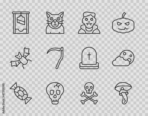 Set line Candy, Psilocybin mushroom, Vampire, Skull, Guillotine, Scythe, on crossbones and Moon stars icon. Vector