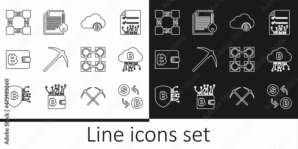 Set line Cryptocurrency exchange, cloud mining, Pickaxe, wallet, Blockchain technology, and Smart contract icon. Vector