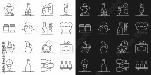 Set line Bottle of wine, Cardboard box, Chef hat, Sommelier, Wine tasting, degustation, Wooden barrel for, Farmer the and icon. Vector