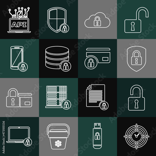 Set line Time Management, Open padlock, Shield security with, Cloud computing, Server, Smartphone, Computer api interface and Credit card icon. Vector