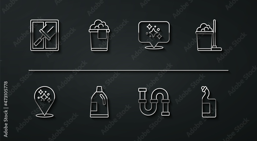 Set line Rubber cleaner for windows, Home cleaning service, Mop and bucket, Industry metallic pipe, Bottle agent, Bucket with foam, Dishwashing liquid bottle and icon. Vector Set line Rubber cleaner for windows, Home cleaning service, Mop and bucket, Industry metallic pipe, Bottle agent, Bucket with foam, Dishwashing liquid bottle and icon. Vector