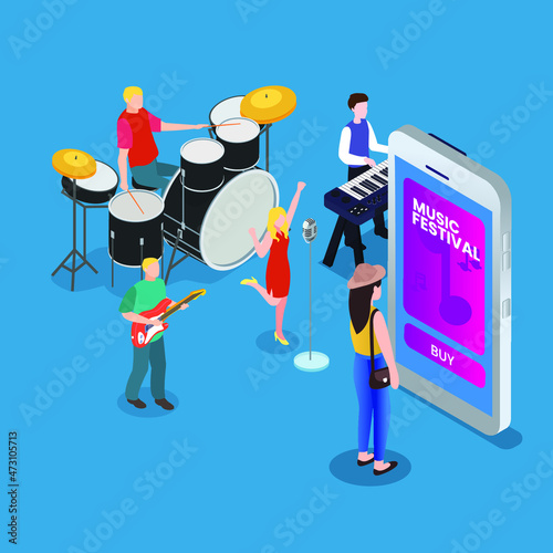 Buying music festival ticket on cellphone online isometric 3d vector concept for banner, website, illustration, landing page, flyer, etc.