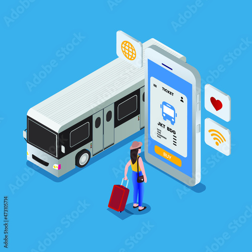 Tourist buying bus ticket online isometric 3d vector concept for banner, website, illustration, landing page, flyer, etc.