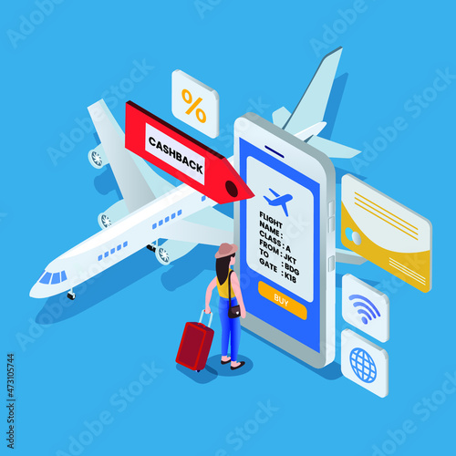 Buying airplane ticket on mobile phone online isometric 3d vector concept for banner, website, illustration, landing page, flyer, etc.