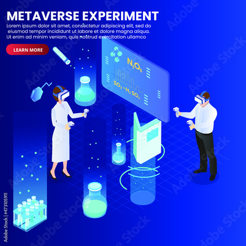 Metaverse chemistry virtual experiment isometric 3d vector concept for banner, website, illustration, landing page, flyer, etc.