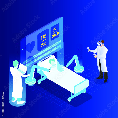 Metaverse concept student learning medical surgery in virtual world isometric 3d vector concept for banner, website, illustration, landing page, flyer, etc.