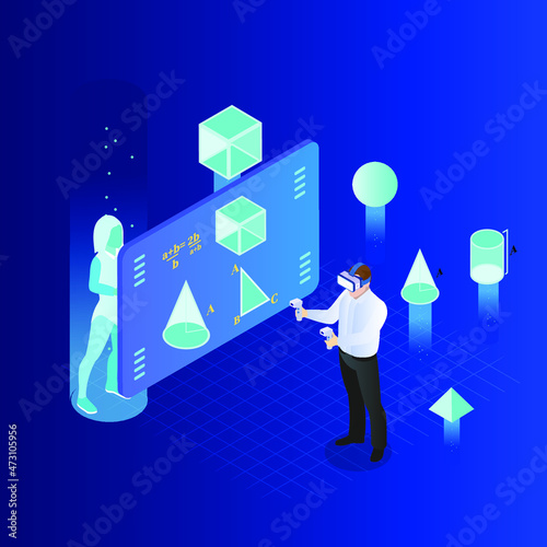 Metaverse learning mathematics in virtual world isometric 3d vector concept for banner, website, illustration, landing page, flyer, etc.