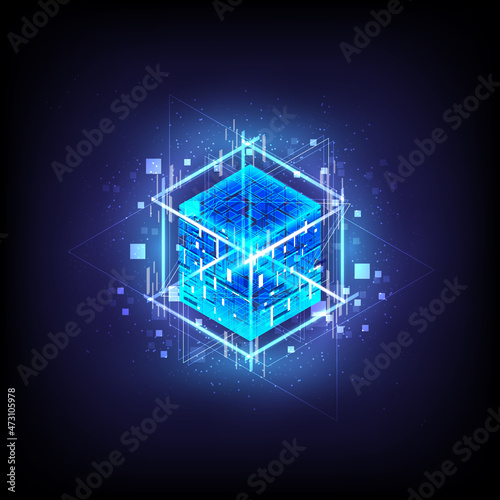 HUD energy box. Smart code. Big data. Digital chip. Glare grid lines. Glow 3D cubes. CPU core. Abstract technology background. Futuristic hi-tech science. Computer engineer. Blockchain network