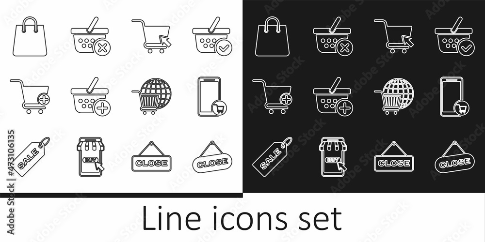 Set line Hanging sign with Close, Mobile and shopping cart, Shopping cursor, Add to basket, Handbag, globe and Remove icon. Vector