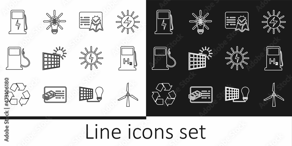 Set line Wind turbine, Hydrogen filling station, Certificate template, Solar energy panel and sun, Petrol or Gas, Electric car charging, and Light bulb with gear icon. Vector