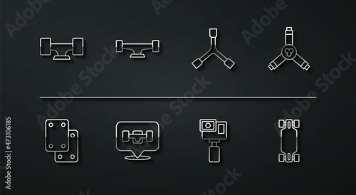 Set line Skateboard wheel, Knee pads, Y-tool, Action camera, Longboard or skateboard and icon. Vector