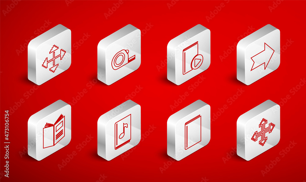 Set line Pixel arrows in four directions, Roulette construction, Audio book, Arrow, Book, and Open icon. Vector Set line Pixel arrows in four directions, Roulette construction, Audio book, Arrow, Book, and Open icon. Vector