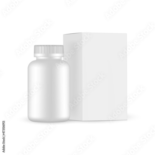 Blank Plastic Bottle for Medicines or Supplements with Paper Box, Isolated on White Background. Vector illustration