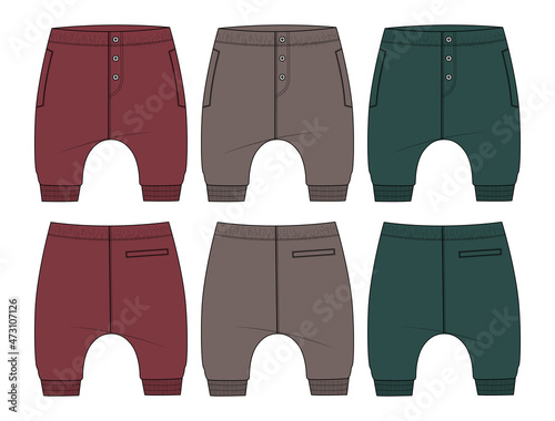 Multicolor Cotton jersey sweatpants technical fashion flat sketch Drawing Vector Illustration template for kids. 