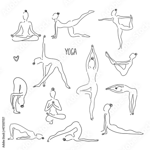 Yoga poses linear icons set. Sarvangasana halasana bakasana uttanasana siddhasana vrikshasana trikonasana virabhadrasana. Thin line contour symbols. Isolated vector illustrations photo