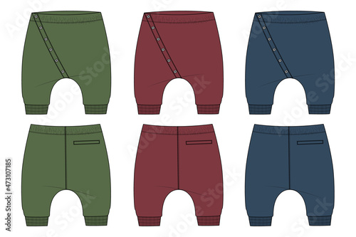 Multicolor Cotton jersey sweatpants technical fashion flat sketch Drawing Vector Illustration template for kids. 