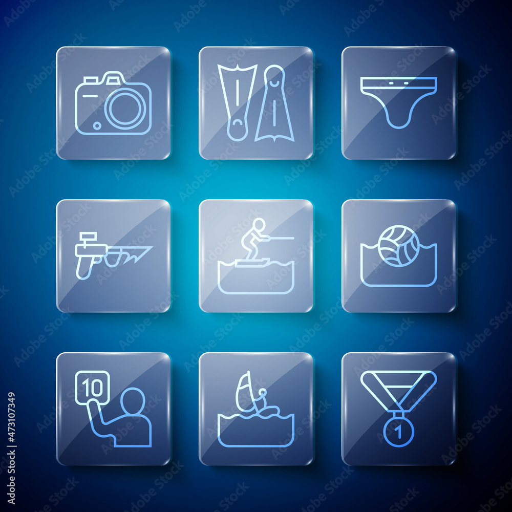 Set line Assessment of judges, Windsurfing, Medal, Swimming trunks, Water skiing man, Fishing harpoon, Photo camera and polo icon. Vector Set line Assessment of judges, Windsurfing, Medal, Swimming trunks, Water skiing man, Fishing harpoon, Photo camera and polo icon. Vector