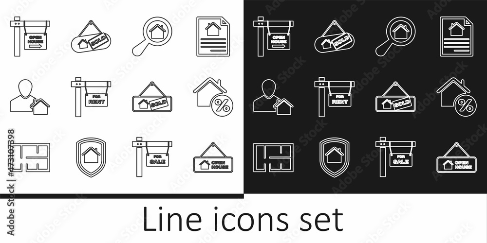 Set line Hanging sign with Open house, House percant, Search, For Rent, Realtor, Sold and icon. Vector Set line Hanging sign with Open house, House percant, Search, For Rent, Realtor, Sold and icon. Vector