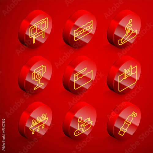 Set line Sport mechanical scoreboard, Swimming pool, Surfboard, Award cup, Diving springboard, with ladder, Canoe rowing team sports and Jet ski icon. Vector