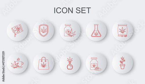 Set line Marijuana plant in pot, Cup tea with marijuana, Medical bottle, or cannabis seeds, Shield and, Shopping bag of and Test tube icon. Vector