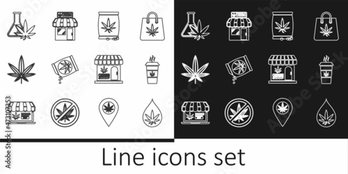 Set line Marijuana or cannabis leaf oil, Cup coffee with marijuana, seeds, Test tube, and store and icon. Vector