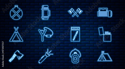 Set line Tourist tent with flag, Lighter, Crossed wooden axe, Slingshot, Canteen water bottle, Open matchbox and matches and Thermos container icon. Vector