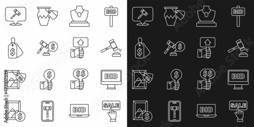Set line Price tag with Sale, Online auction, Auction hammer, jewelry sale, price, and Hand holding paddle icon. Vector