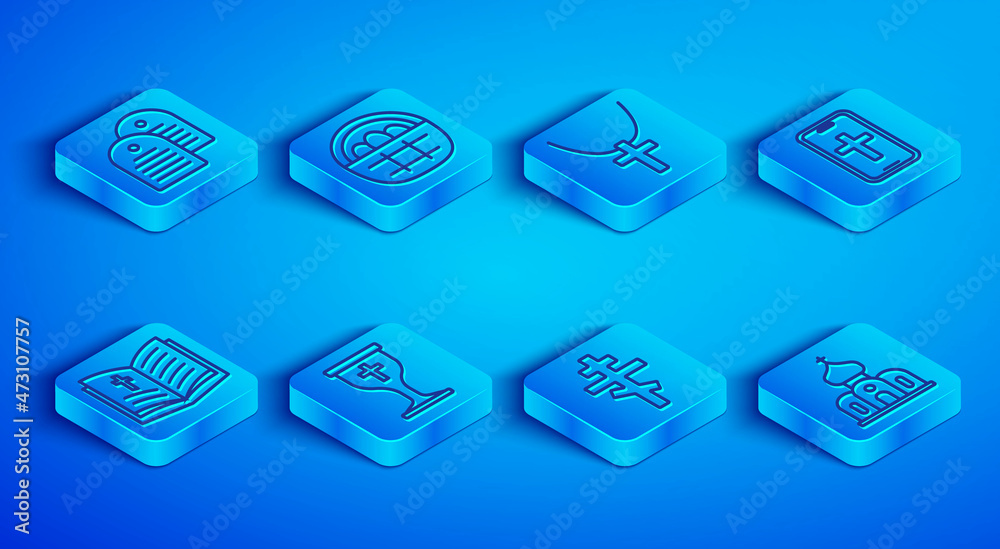 Set line Holy bible book, Basket with easter eggs, Christian cross on chain, chalice, phone, and Church building icon. Vector Set line Holy bible book, Basket with easter eggs, Christian cross on chain, chalice, phone, and Church building icon. Vector