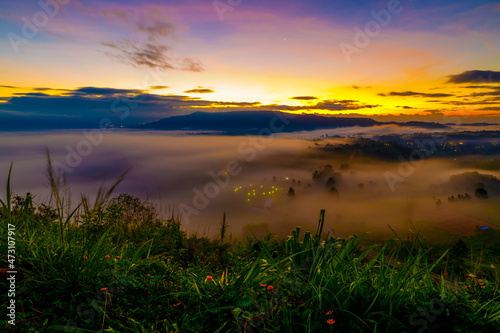 Beautiful scenery views mist in the mountain at sunrise. Morning mist sunrise at Khao Takhian Ngo views point, Khao Kho, Phetchabon, Thailand