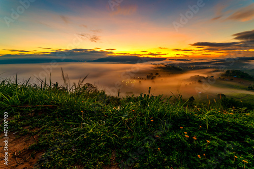 Beautiful scenery views mist in the mountain at sunrise. Morning mist sunrise at Khao Takhian Ngo views point, Khao Kho, Phetchabon, Thailand