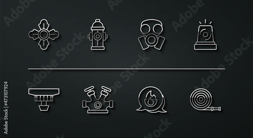 Set line Firefighter, Smoke alarm system, Flasher siren, Emergency call, hydrant, hose reel and Gas mask icon. Vector