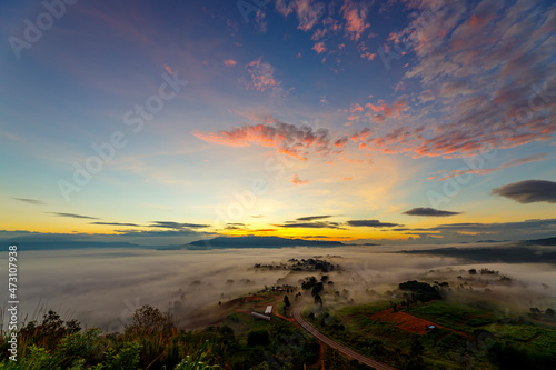 Beautiful scenery views mist in the mountain at sunrise. Morning mist sunrise at Khao Takhian Ngo views point, Khao Kho, Phetchabon, Thailand