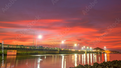 The views beautiful sky sunset silhouette on the sea passenger ship at jetty Koh loy ,Sriracha and background outdoor relax holiday travel  landmark Chonburi 