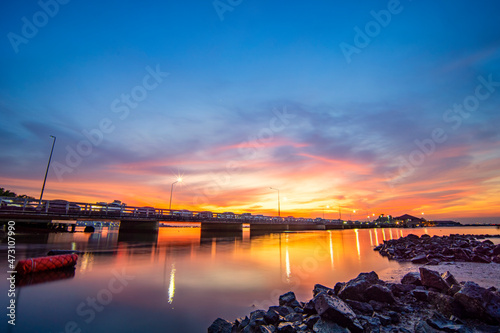 The views beautiful sky sunset silhouette on the sea passenger ship at jetty Koh loy  Sriracha and background outdoor relax holiday travel  landmark Chonburi 