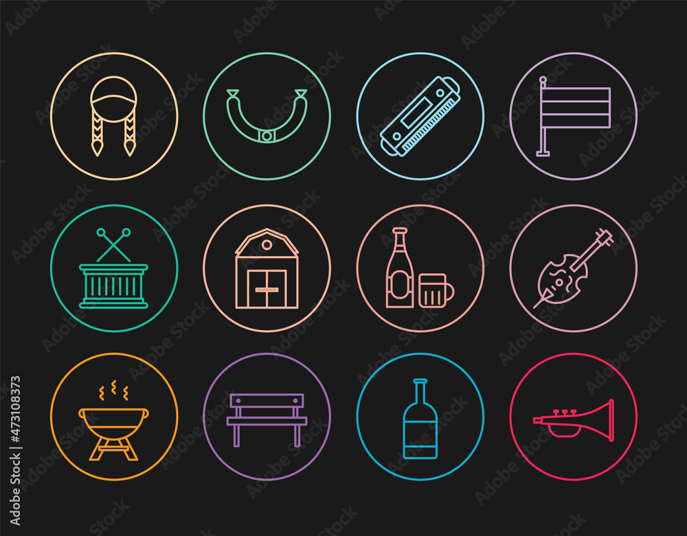 Set line Musical instrument trumpet, Violin, Harmonica, Farm House, drum and sticks, Braid, Beer bottle glass and Sausage icon. Vector