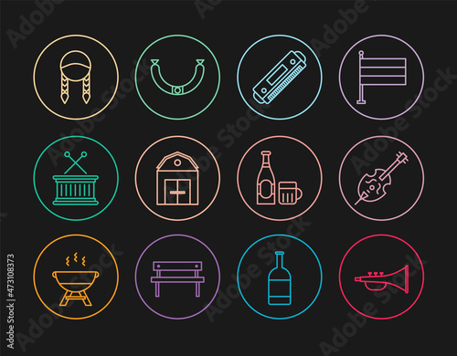 Set line Musical instrument trumpet, Violin, Harmonica, Farm House, drum and sticks, Braid, Beer bottle glass and Sausage icon. Vector