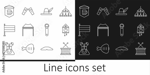 Set line Musical drum and sticks, Retro wall watch, Oktoberfest hat, Camping tent, National Germany flag, Signboard with glass of beer, Bottle opener and Glass icon. Vector