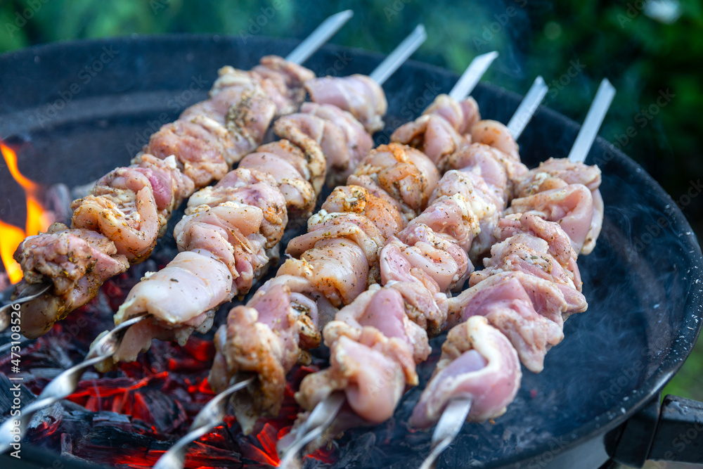 Fresh raw shish kebab, strung on skewers and put on red-hot coals. Juicy turkey meat is being cooked on the backyard of country house. Family barbeque