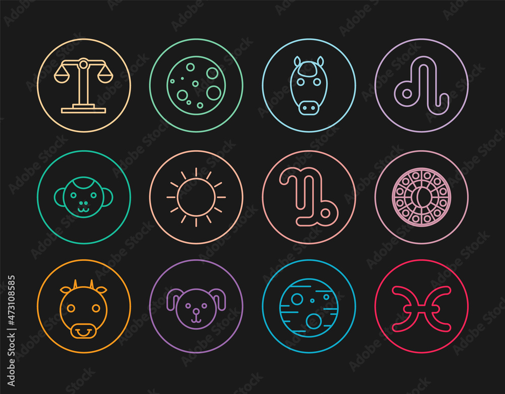 Set line Pisces zodiac, Astrology horoscope circle, Horse, Sun, Monkey, Libra, Capricorn and Moon icon. Vector Set line Pisces zodiac, Astrology horoscope circle, Horse, Sun, Monkey, Libra, Capricorn and Moon icon. Vector